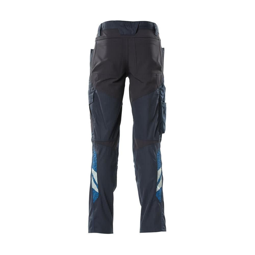Calças com bolsos nos joelhos, calças com inserções elásticas, preto-azul
