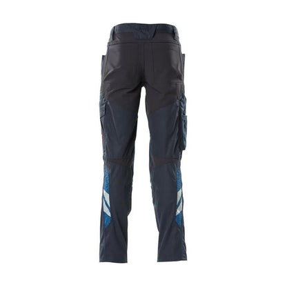 Calças com bolsos nos joelhos, calças com inserções elásticas, preto-azul