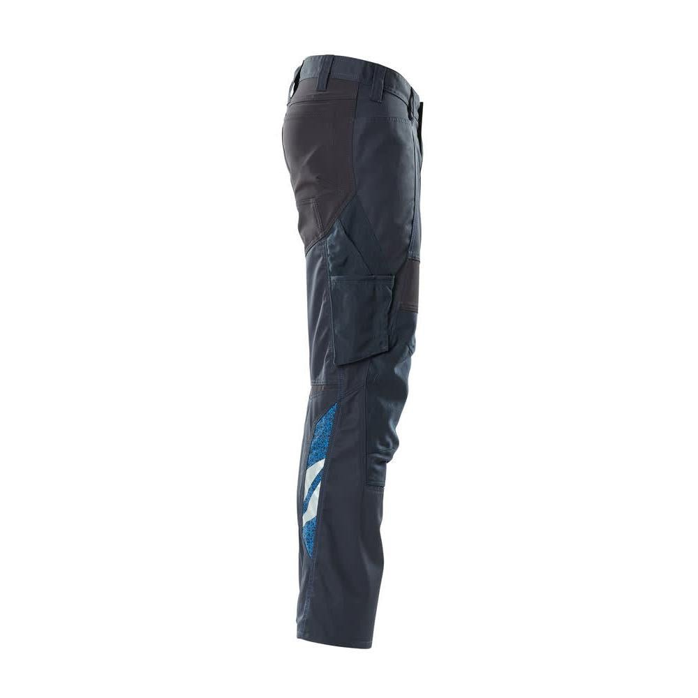 Calças com bolsos nos joelhos, calças com inserções elásticas, preto-azul
