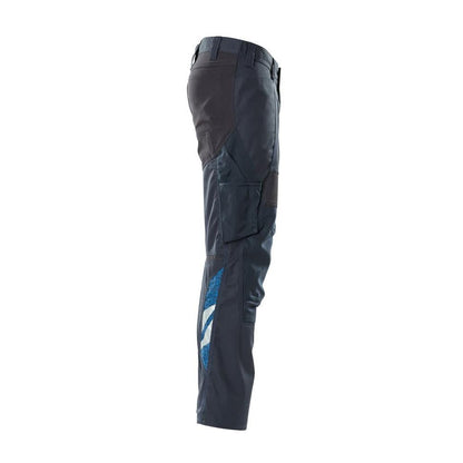 Calças com bolsos nos joelhos, calças com inserções elásticas, preto-azul
