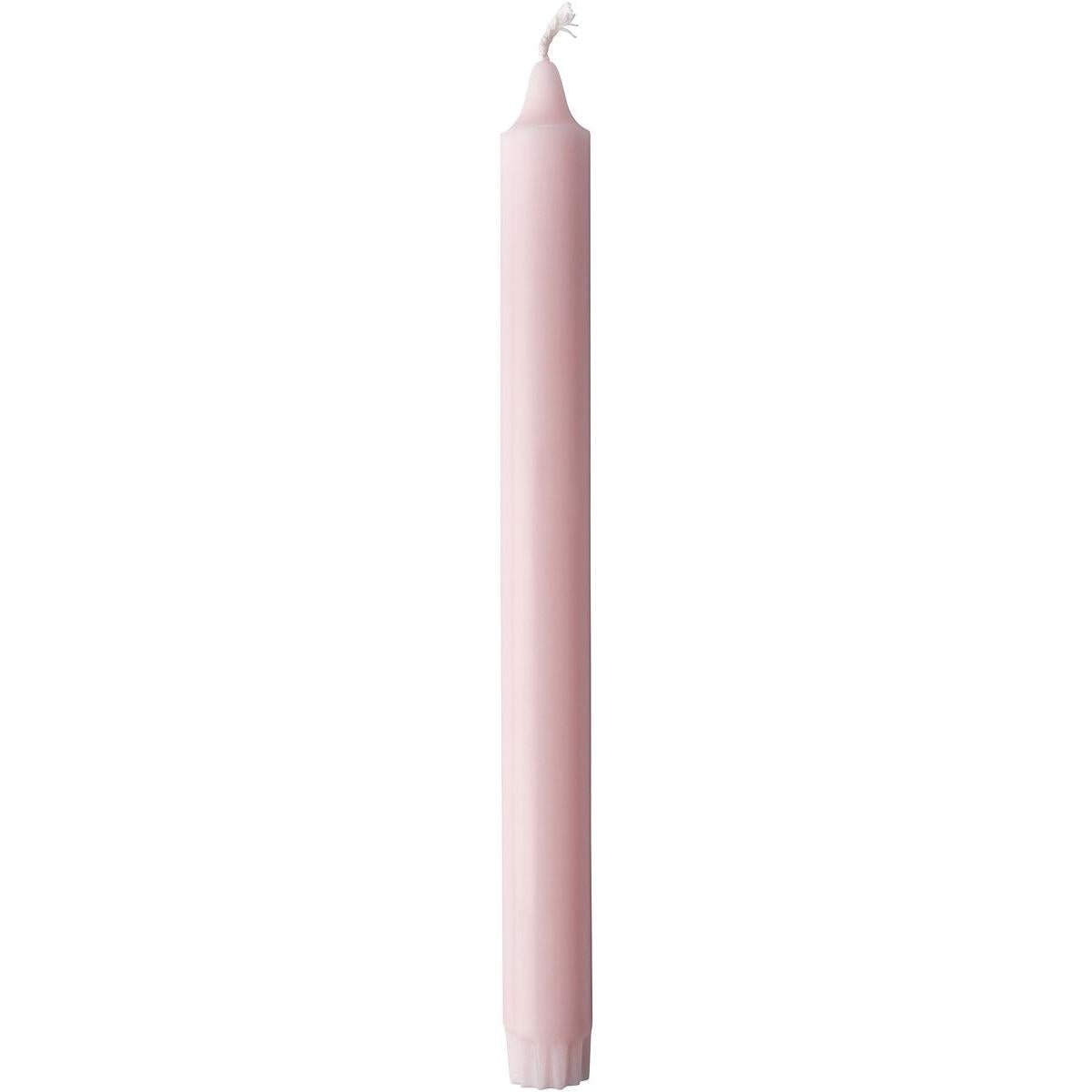 Uma alta vela cônica cilíndrica rosa de 100% estearina (250 x 22 mm, 9h) da Duni GmbH com um pavio branco não aceso está em pé diante de um fundo branco e é conhecida por sua longa duração de queima.