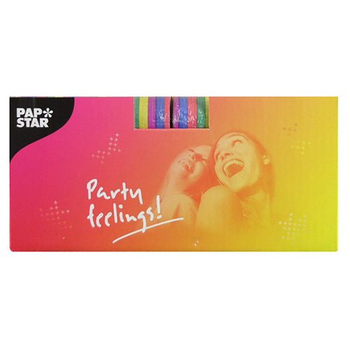 Uma embalagem retangular rosa-amarela da PAPSTAR GmbH mostra duas mulheres sorridentes, "Partygefühle!" e uma janela com PAPSTAR 3 serpentinas 4 m – decoração de alta qualidade em um pacote de 3 – em listras brilhantes.