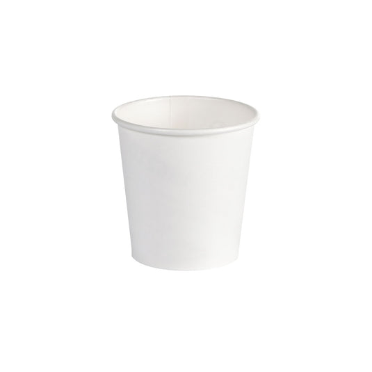 Um copo de café branco feito de PAP/PLA da Duni GmbH com capacidade de 120 ml é visto centrado em um fundo branco; a embalagem contém 45 unidades.
