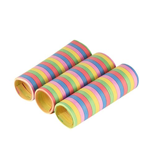Três serpentinas coloridas PAPSTAR 3 serpentinas 4 m da PAPSTAR GmbH com listras alternadas em verde, azul, rosa e amarelo estão dispostas lado a lado sobre um fundo branco.