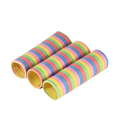 Três serpentinas coloridas PAPSTAR 3 serpentinas 4 m da PAPSTAR GmbH com listras alternadas em verde, azul, rosa e amarelo estão dispostas lado a lado sobre um fundo branco.