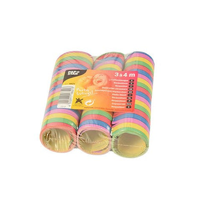 As quatro serpentinas de festa 3 serpentinas 4m da PAPSTAR GmbH estão embaladas em uma embalagem de plástico com um rótulo laranja com detalhes do produto e uma criança sorridente – perfeito para uma decoração de alta qualidade!