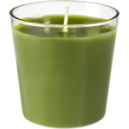 A recarga Switch & Shine da Duni GmbH é uma vela de recarga verde (~30h de tempo de combustão, 65x65 mm) em um vidro claro com um único pavio branco centralmente posicionado.