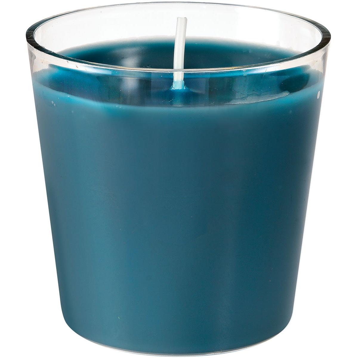 A recarga Switch & Shine da Duni GmbH é uma vela azul com pavio branco em um suporte transparente, vista de lado sobre um fundo branco, com cerca de 30h de tempo de combustão (65 x 65 mm) para um prazer prolongado.