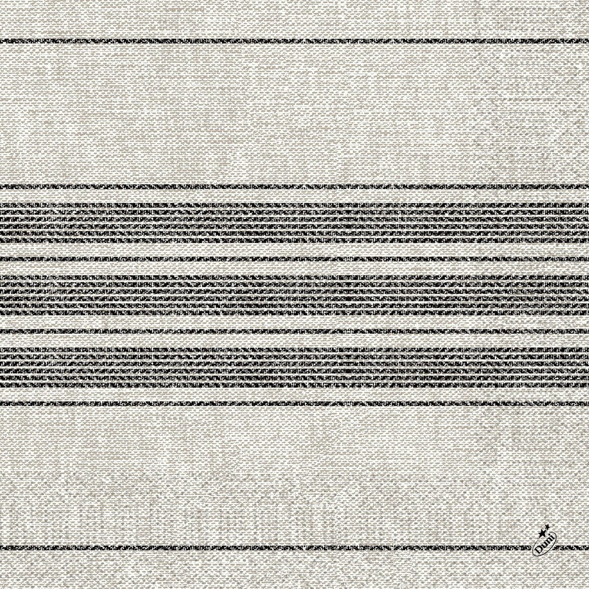 Os guardanapos de papel da Duni GmbH (40 x 40 cm, 3 camadas, 1/4 de dobra) têm um fundo bege claro com várias listras pretas horizontais. Com uma pequena inscrição no canto inferior direito. Disponível em embalagens de 250 unidades como Cocina preto.