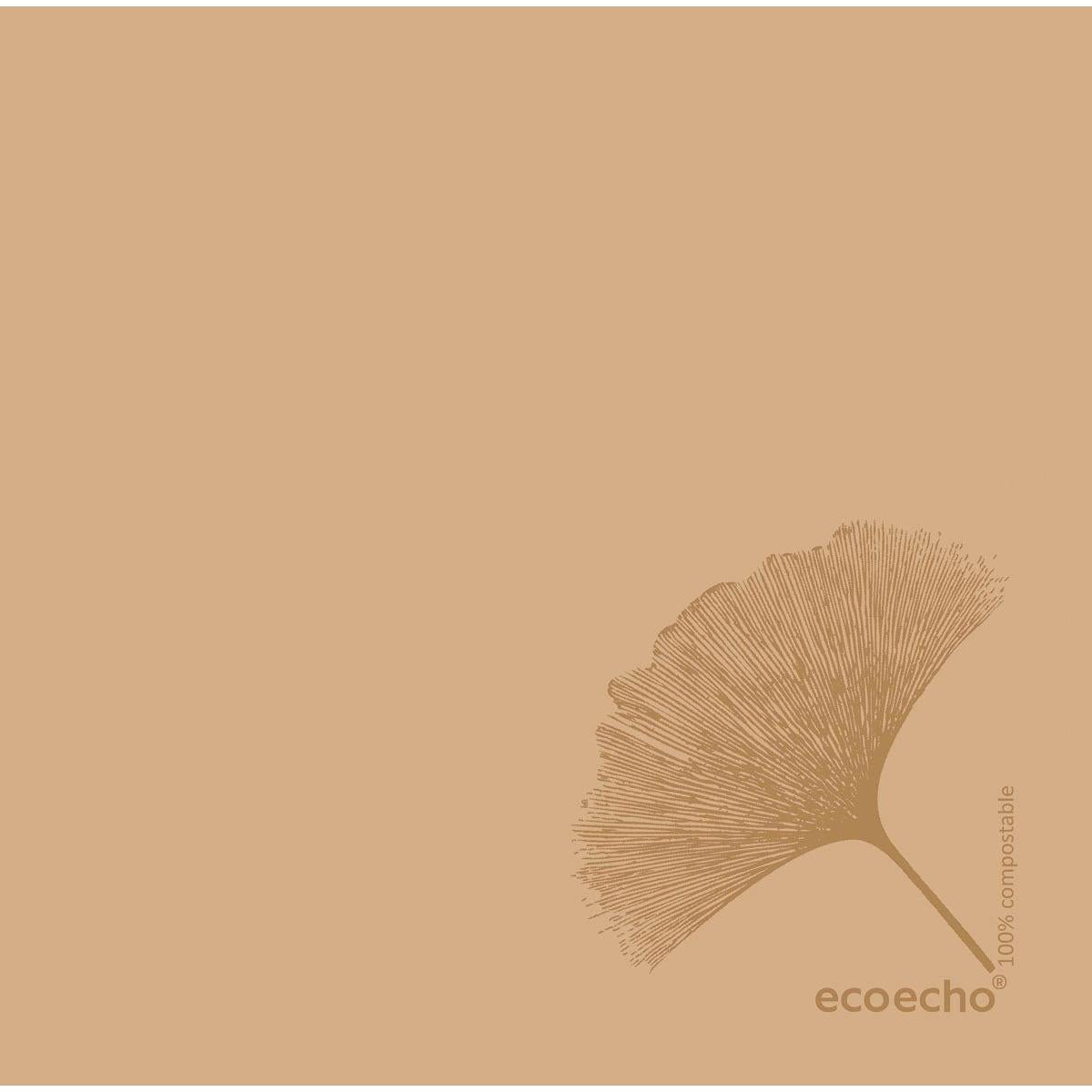 Uma imagem minimalista com uma folha de ginkgo de linha única no canto inferior direito, rotulada com "ecoecho", em um fundo marrom claro - ideal para guardanapos Dunisoft 40 x 40 cm 1/4 dobra da Duni GmbH ou outros guardanapos de alta qualidade.