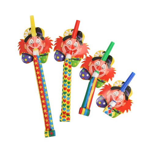 Os PAPSTAR apitos de festa "Rosto de Palhaço" (4 peças) da PAPSTAR GmbH oferecem rostos de palhaço coloridos e divertidos com padrões lúdicos - perfeitos como acessórios alegres para qualquer festa infantil. Exibidos em fila sobre um fundo branco.