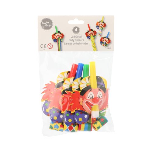 O PAPSTAR apito de festa "Rosto de Palhaço" (4 peças) da PAPSTAR GmbH vem em um saco transparente com rostos de palhaço coloridos e divertidos - ideal como acessório de festa para qualquer festa infantil.