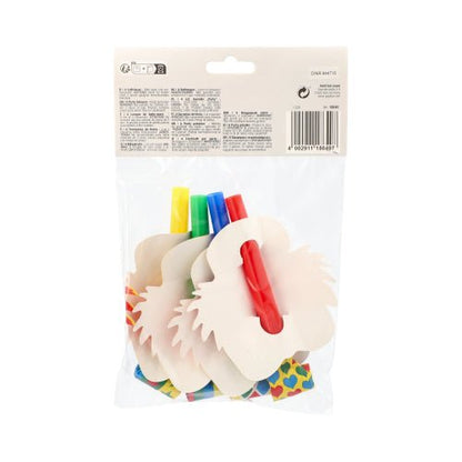 Um saco transparente da PAPSTAR GmbH contém 4 rostos de palhaço coloridos, perfeitos para festas e celebrações. A etiqueta da embalagem com texto e código de barras é visível - um acessório divertido para ocasiões festivas!.