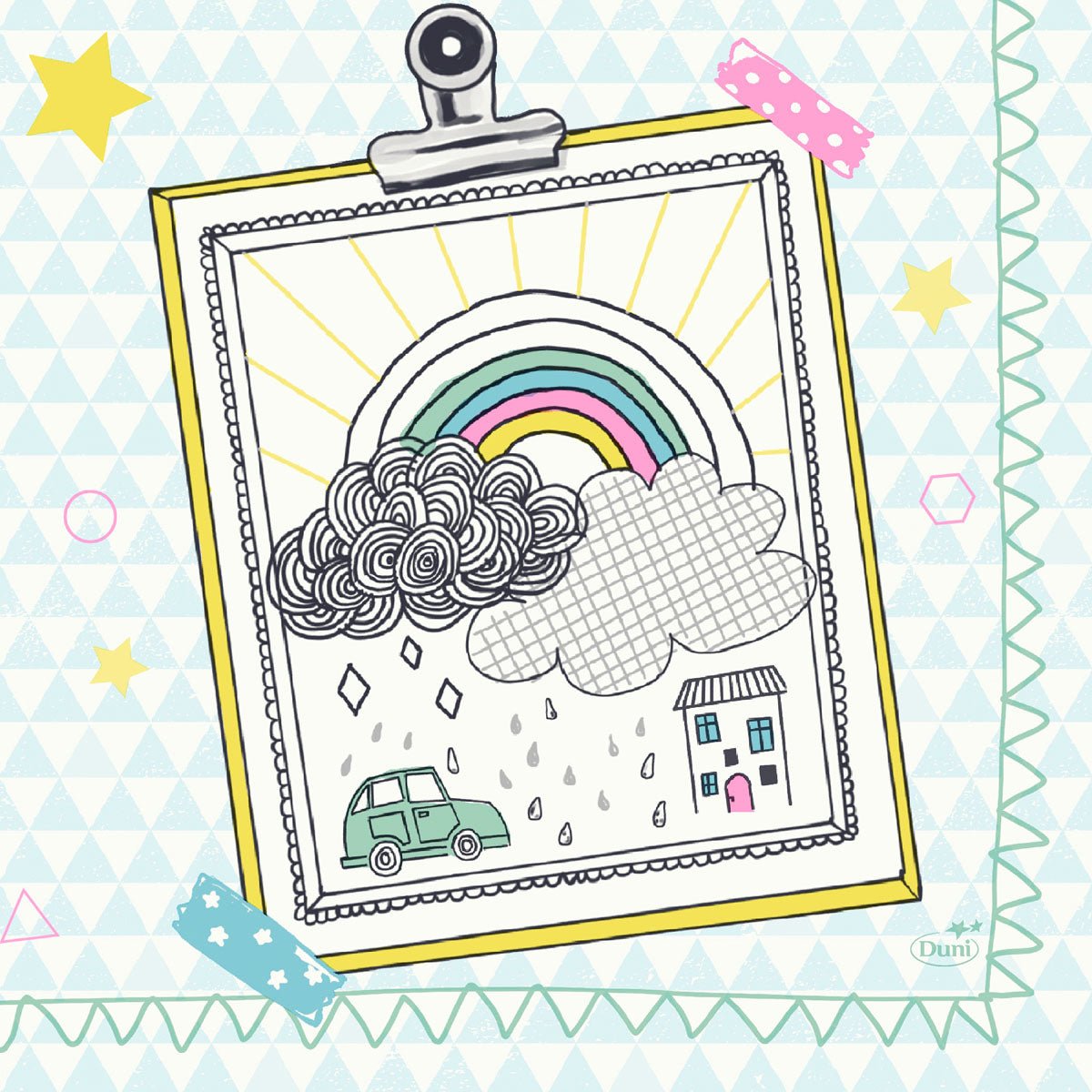Um desenho colado em uma placa mostra um arco-íris, nuvens, gotas de chuva, um carro e uma casa em guardanapos de papel tissue Duni GmbH 33 x 33 cm 3 camadas Keep drawing. O fundo é decorado com padrões geométricos e fita adesiva colorida nos cantos. Embalagem (50 peças).