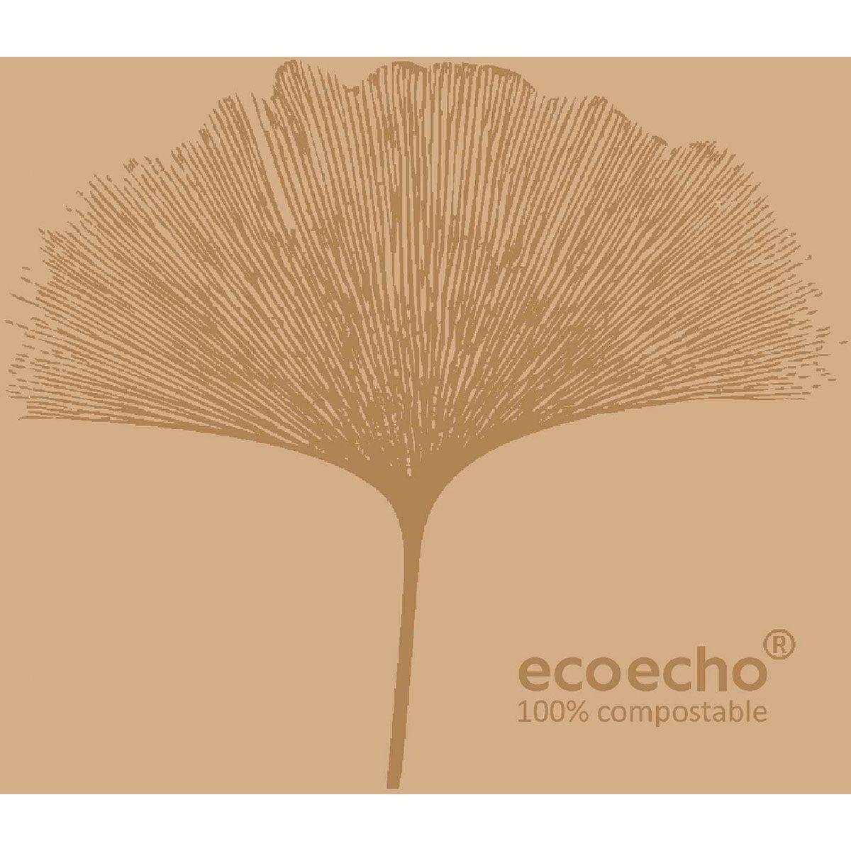 Uma folha castanha estilizada com nervuras em forma de raios está localizada no centro de um fundo castanho claro. No canto inferior direito está "ecoecho® 100% compostável" - ideal para guardanapos Dunisoft 20 x 20 cm da Duni GmbH.