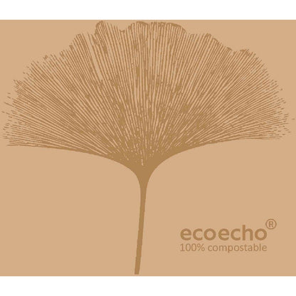 Uma folha castanha estilizada com nervuras em forma de raios está localizada no centro de um fundo castanho claro. No canto inferior direito está "ecoecho® 100% compostável" - ideal para guardanapos Dunisoft 20 x 20 cm da Duni GmbH.