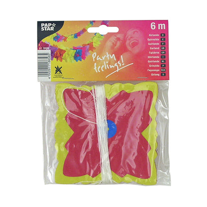 Uma guirlanda de papel PAPSTAR de 6 metros de comprimento (Ø 12 cm) para festas, em um saco transparente festivamente rotulado "Party feelings!", com um motivo de borboletas coloridas. Marca: PAPSTAR GmbH.