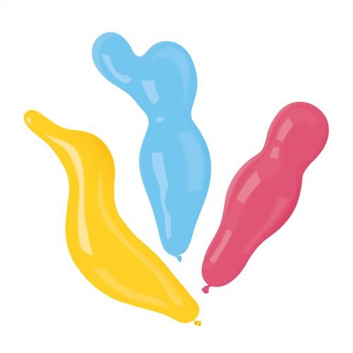 Oito balões de ar PAPSTAR GmbH "Figuras" com formas torcidas - ideais para festas - são exibidos sobre um fundo branco. Você os encontrará em uma embalagem mista de 8 unidades, perfeita para criar figuras coloridas de balões.