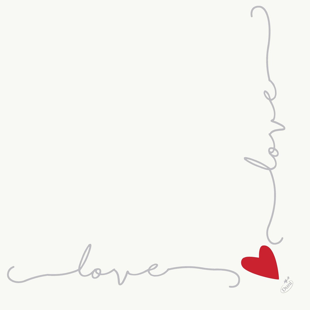 Os guardanapos Dunisoft 40 x 40 cm 1/4 dobra da Duni GmbH apresentam um design minimalista: "love" em escrita cursiva cinza forma dois lados de um quadrado com um coração vermelho no canto em um fundo branco simples.
