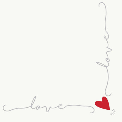 Os guardanapos Dunisoft 40 x 40 cm 1/4 dobra da Duni GmbH apresentam um design minimalista: "love" em escrita cursiva cinza forma dois lados de um quadrado com um coração vermelho no canto em um fundo branco simples.