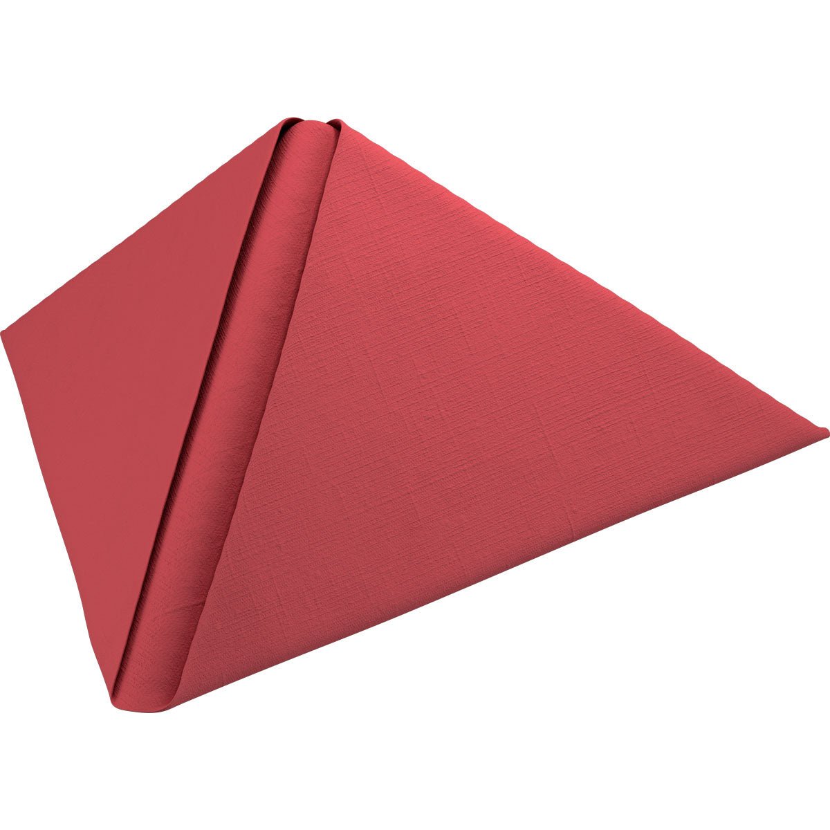 Um guardanapo Dunilin 48 x 48 cm 1/4 dobra da Duni GmbH, em vermelho, dobrado em forma de pirâmide com tecido estrutural visível e bordas afiadas, sobre fundo branco - os guardanapos descartáveis perfeitos para ocasiões elegantes.