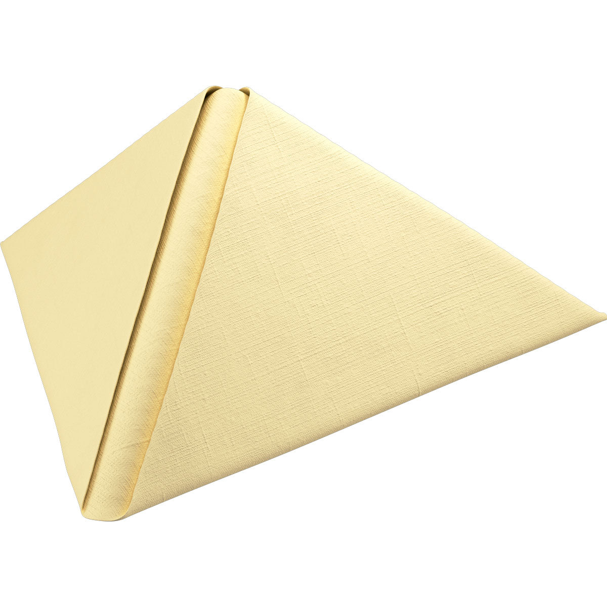 Um guardanapo Dunilin bege ou amarelo claro 48 x 48 cm 1/4 dobra da Duni GmbH está em pé em uma dobra triangular sobre fundo branco e destaca a aparência elegante destes guardanapos descartáveis de alta qualidade.