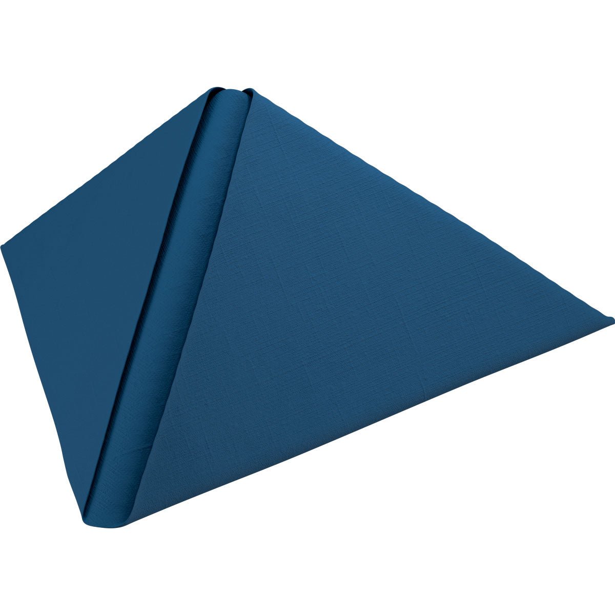 Um guardanapo azul Dunilin 48 x 48 cm 1/4 dobra da Duni GmbH está dobrado em uma forma de pirâmide triangular em pé e colocado sobre um fundo branco.