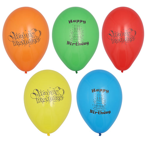 Cinco balões de ar "Happy Birthday" PAPSTAR GmbH brilhantes, Ø 22 cm, sortidos em cores, em embalagem de 10 unidades - a decoração ideal para aniversários. Os balões podem ser dispostos em duas filas: três em cima, dois em baixo, para um toque festivo.