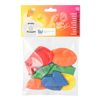Uma embalagem de plástico transparente da PAPSTAR GmbH com 10 balões de ar "Happy Birthday" coloridos (Ø 22 cm). Na embalagem está escrito "Party feeling!!!", gráfico de balão e quantidade (10) - perfeito para a decoração de aniversário.