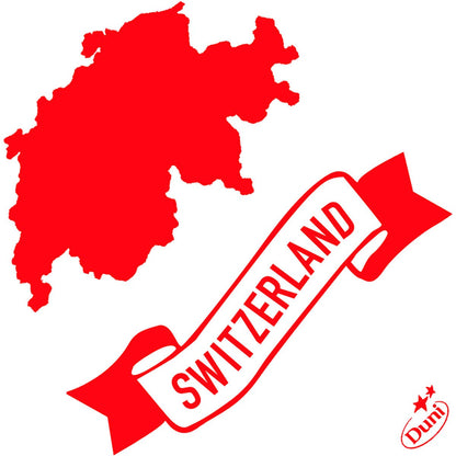 Um mapa de silhueta vermelho da Suíça aparece sobre uma faixa vermelha com a inscrição em negrito "Suíça". O logotipo da Duni GmbH com duas estrelas no canto inferior direito destaca guardanapos Dunisoft 40 x 40 cm 1/4 dobra de alta qualidade.