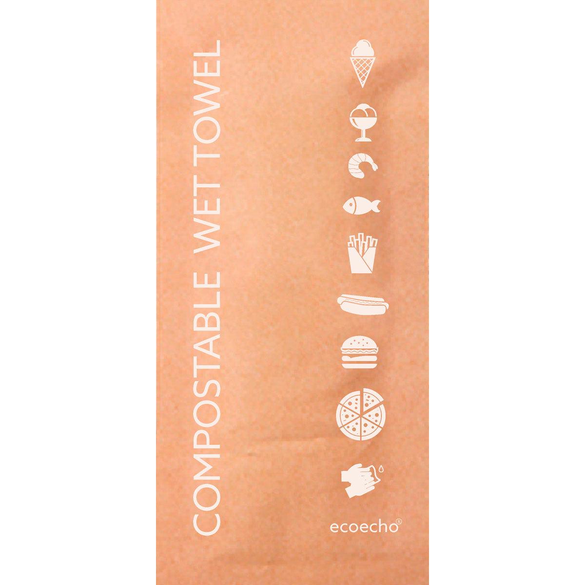 Uma embalagem marrom com a inscrição "Toalhete refrescante 60x130 mm, compostável" da Duni GmbH, com símbolos alimentares brancos e o logotipo "ecoecho". Esta embalagem ecológica (250 peças) é ideal para um refresco consciente do meio ambiente.