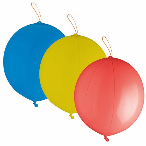 Três PAPSTAR balões de soco (Ø 40 cm, cores sortidas) da PAPSTAR GmbH são apresentados nas cores azul, amarelo e vermelho com elásticos e ilhós em um pacote de 3 sob um fundo branco.