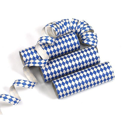 Três serpentinas (à 4 m) da PAPSTAR GmbH com padrão de losango azul e branco estão dispostas sobre uma superfície branca, uma delas parcialmente desenrolada – ideal como decoração de alta qualidade para qualquer ocasião festiva.