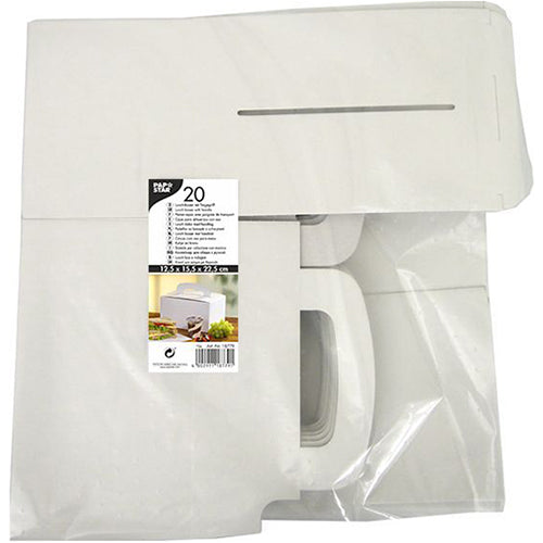 Uma embalagem transparente da PAPSTAR GmbH contém 20 caixas de almoço brancas planas "pure" feitas de papelão (12,5 x 15,5 x 22,5 cm) com alça. O rótulo mostra informações do produto, uma imagem da caixa montada e destaca o papelão ecológico.