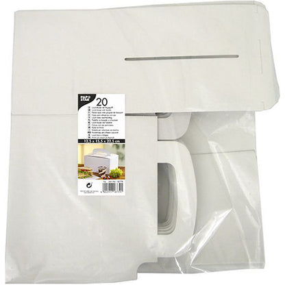 Uma embalagem transparente da PAPSTAR GmbH contém 20 caixas de almoço brancas planas "pure" feitas de papelão (12,5 x 15,5 x 22,5 cm) com alça. O rótulo mostra informações do produto, uma imagem da caixa montada e destaca o papelão ecológico.