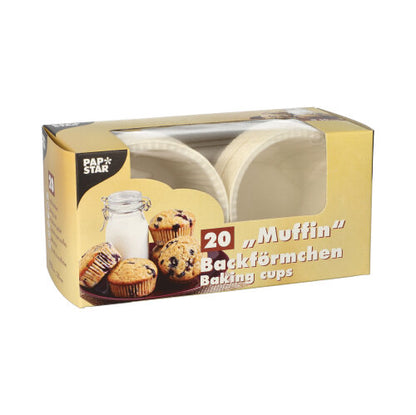 Uma caixa com 20 formas de muffin brancas PAPSTAR (Ø 5 cm, 3,5 cm de altura) da PAPSTAR GmbH vem em uma caixa dobrável com janela de visualização e motivo de muffin.