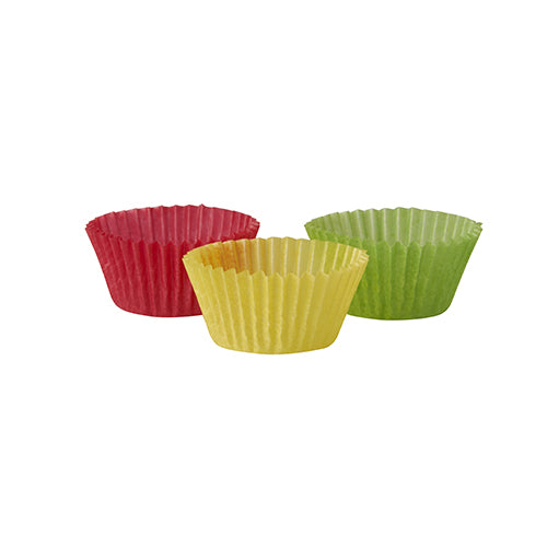 Três formas de PAPSTAR Ø 2,4 cm vazias, coloridas (vermelho, amarelo, verde) da PAPSTAR GmbH estão dispostas sobre um fundo branco simples. As formas para mini-muffins são entregues em uma embalagem com 300 unidades em uma caixa dobrável.