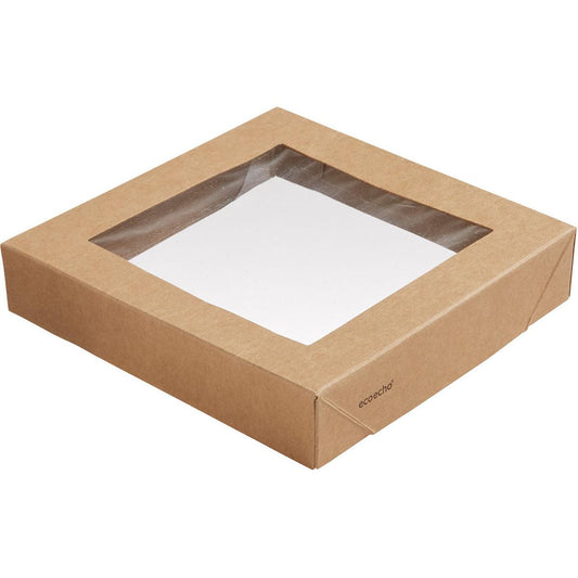 Ein quadratischer brauner Viking Block Deckel der Duni GmbH aus Karton mit einem PLA-Transparentfenster (140x140x29 mm), das den Inhalt sichtbar macht. Auf einer Ecke dieser nachhaltigen Verpackung ist "ecoecho" aufgedruckt. Packung: 300 Stück.