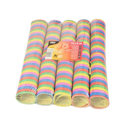 Dez serpentinas retardantes de chama PAPSTAR "Stripes" (cada uma de 4 m) da PAPSTAR GmbH vêm em uma embalagem transparente com etiqueta frontal. As serpentinas possuem várias cores brilhantes, perfeitas para decoração de festas.