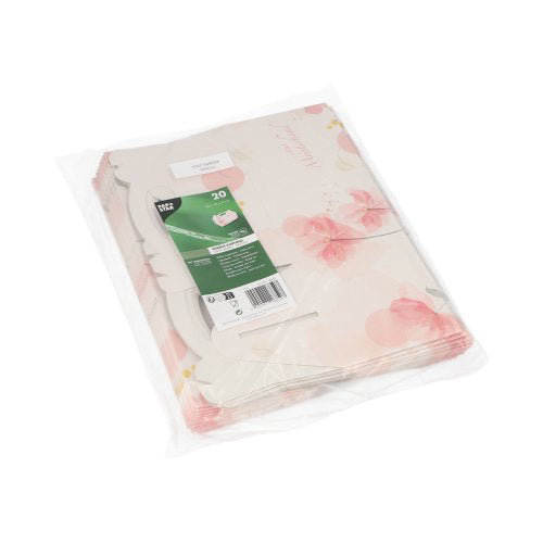 Uma embalagem de plástico transparente contém 20 PAPSTAR caixas de pastelaria de cartão, quadradas e rosa com alça. O rótulo verde da PAPSTAR GmbH fornece detalhes do produto e garante uma apresentação elegante.