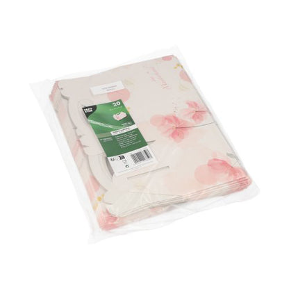 Uma embalagem de plástico transparente contém 20 PAPSTAR caixas de pastelaria de cartão, quadradas e rosa com alça. O rótulo verde da PAPSTAR GmbH fornece detalhes do produto e garante uma apresentação elegante.