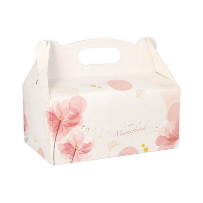 Os PAPSTAR 20 caixas de pastelaria (cartão, quadrado, rosa) da PAPSTAR GmbH possuem uma alça prática e um design floral rosa com detalhes dourados – ideal para a apresentação elegante de presentes em fundo claro.