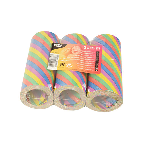 Três rolos PAPSTAR 3 serpentinas gigantes (15 m, resistentes ao fogo) da PAPSTAR GmbH, com listras diagonais coloridas e embalagem plástica com etiqueta laranja – ideal para decoração de festas.