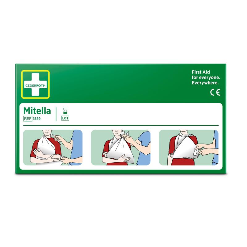 Uma caixa verde com a inscrição "Dreiecksbinde, 2 peças/caixa" da Orkla Wound Care AB mostra três passos ilustrados para o uso do lenço triangular como tipoia. Ideal para primeiros socorros em lesões esportivas: "Primeiros socorros para todos. Em qualquer lugar".
