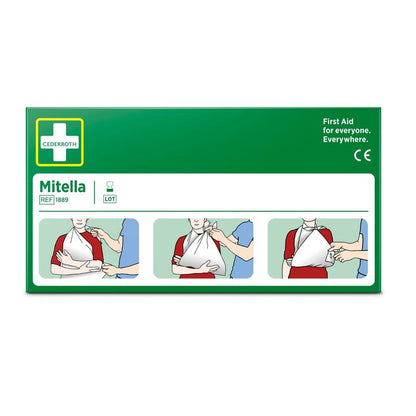Uma caixa verde com a inscrição "Dreiecksbinde, 2 peças/caixa" da Orkla Wound Care AB mostra três passos ilustrados para o uso do lenço triangular como tipoia. Ideal para primeiros socorros em lesões esportivas: "Primeiros socorros para todos. Em qualquer lugar".