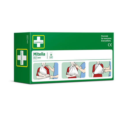 Uma caixa verde e branca da Orkla Wound Care AB com a inscrição "Dreiecksbinde, 2 peças/caixa" com ilustrações para uso como tipoia em lesões esportivas; com pictogramas, instruções e um símbolo de cruz branca.