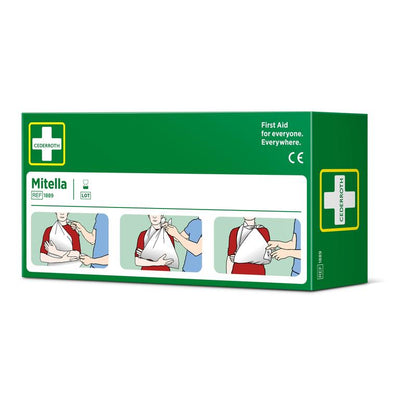 Uma caixa verde com a inscrição "Dreiecksbinde, 2 peças/caixa | Embalagem (2 peças)" da Orkla Wound Care AB mostra três passos para o uso de um lenço triangular como tipoia em uma pessoa com camisa vermelha, com uma cruz branca e detalhes de primeiros socorros.