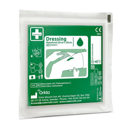 Uma "Cederroth Netzverband | Packung (1 Stück)" verde e branca da Orkla Wound Care AB, ideal para cuidados com feridas. A embalagem contém instruções de uso, informações do produto e dados de contato do fabricante na Suécia.