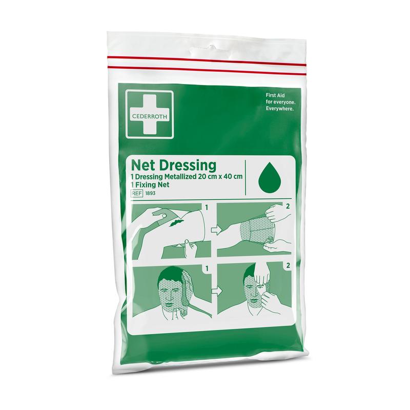 Uma embalagem Cederroth Netzverband | Packung (1 Stück) da Orkla Wound Care AB com embalagem verde e branca mostra um guia ilustrado para aplicação do curativo em rede elástica em um braço e na cabeça.