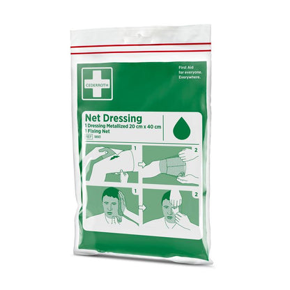 A embalagem verde e branca Cederroth Netzverband Packung (1 Stück) da Orkla Wound Care AB contém um guia ilustrado para aplicação de um curativo em rede elástica no braço e na cabeça, bem como informações de cuidados com feridas e primeiros socorros na frente.